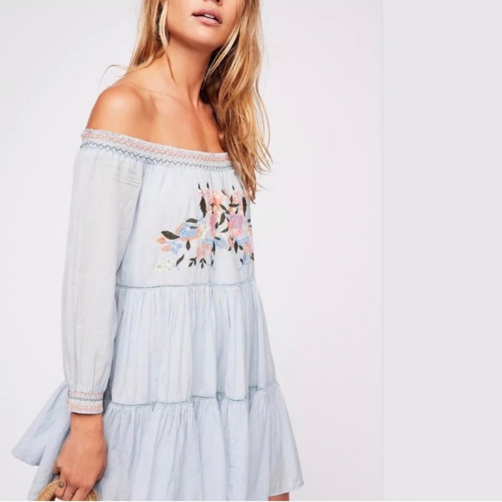 Womens Free People Floral Off The Shoulder Dress Baby Blue Color(Jean Material)